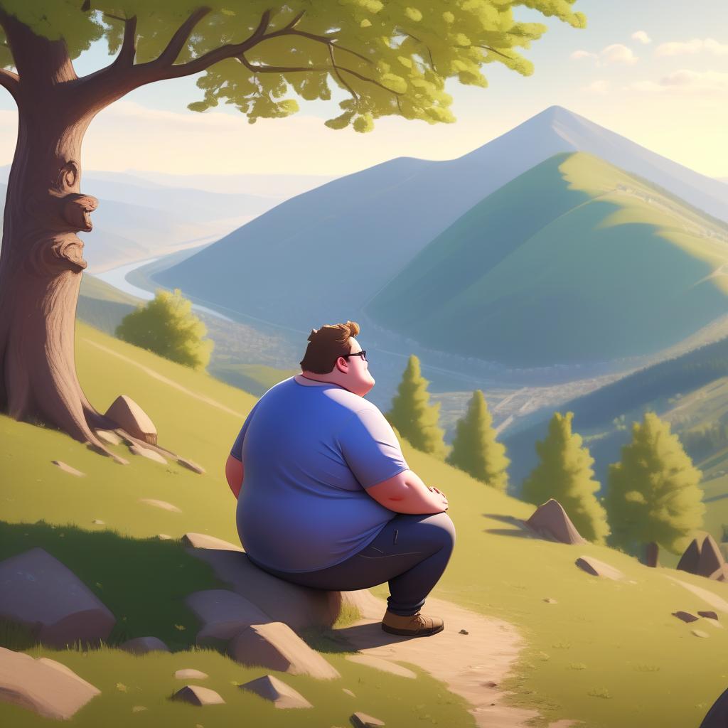  a slightly fat guy sits under a tree on a mountain and looks into the valley of the hills