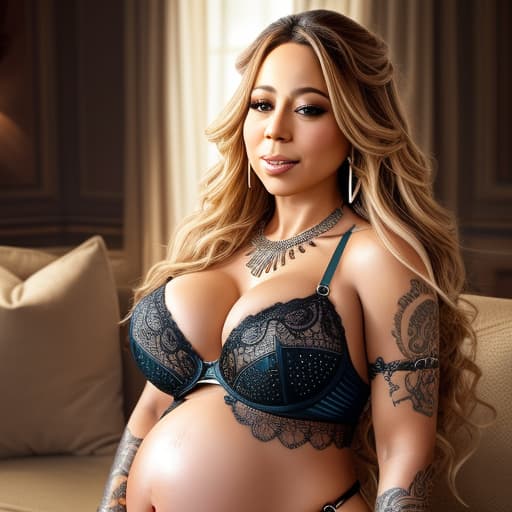  A 40 year old topless, beautiful, pregnant Mariah Carey sitting on a couch, wearing maternity lingerie, long curly highlighted hair, legs wide open, massively enhanced fake breasts, (piercings:1.5), (nose_ring:0.5) (fake_chest:1.6), award winning cinematic shot, sharp focus, cinematic angle, hd, vibrant, stunning visuals, incredibly absurdres, hyperrealism, perfect hands, perfect fingers, detailed hands, detailed fingers, intricate details, photorealistic,hyperrealistic, high quality, highly detailed, cinematic lighting, intricate, sharp focus, f/1. 8, 85mm, (centered image composition), (professionally color graded), ((bright soft diffused light)), volumetric fog, trending on instagram, HDR 4K, 8K
