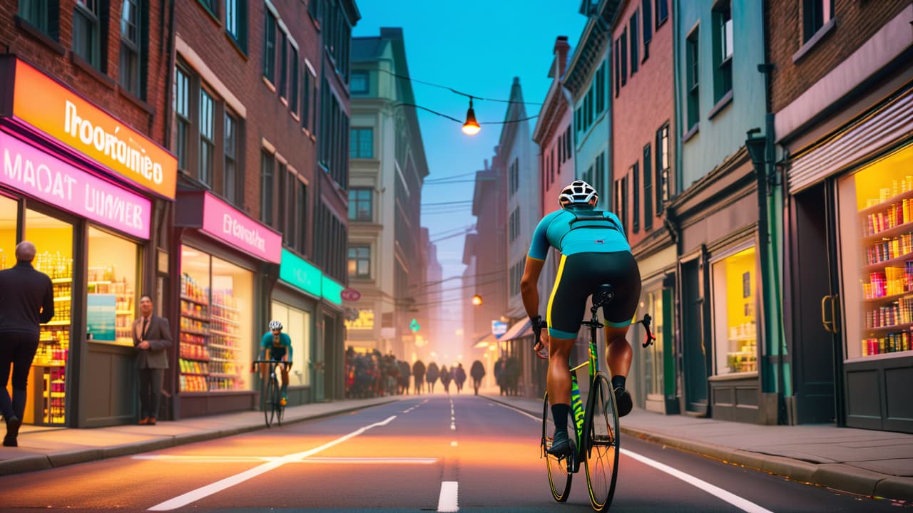  a vibrant city street scene featuring a beginner cyclist on a sleek road bike, surrounded by urban architecture, colorful storefronts, and fellow cyclists, capturing the excitement and accessibility of urban cycling. hyperrealistic, full body, detailed clothing, highly detailed, cinematic lighting, stunningly beautiful, intricate, sharp focus, f/1. 8, 85mm, (centered image composition), (professionally color graded), ((bright soft diffused light)), volumetric fog, trending on instagram, trending on tumblr, HDR 4K, 8K