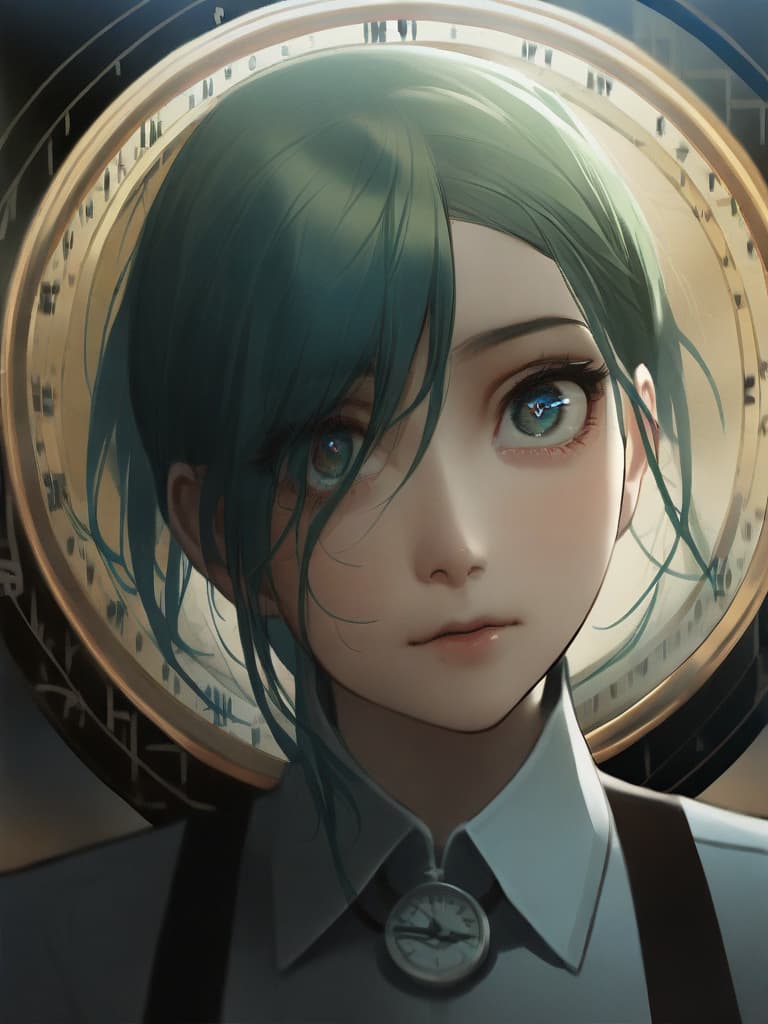  green hair,(((pupil up focus:1.8))),(((the clock is my eye:2.0))),(((in your eyes the clock is ticking:2.0))),realistic