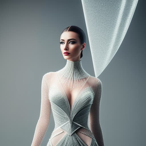  a high fashion image featuring a model wearing a dress made of cascading code and data facing the camera, showcasing the intersection of fashion and technology through generative ai. the model surrounded by mist with mysterious theme yet gorgeous with a sense of luxury. style: high fashion photography, avant garde lighting: studio lighting, highlighting the intricate details of the dress. there is a spot light reflected on the body of the model that give a glimpse of her beauty mood: edgy, glamorous hyperrealistic, full body, detailed clothing, highly detailed, cinematic lighting, stunningly beautiful, intricate, sharp focus, f/1. 8, 85mm, (centered image composition), (professionally color graded), ((bright soft diffused light)), volumetric fog, trending on instagram, trending on tumblr, HDR 4K, 8K