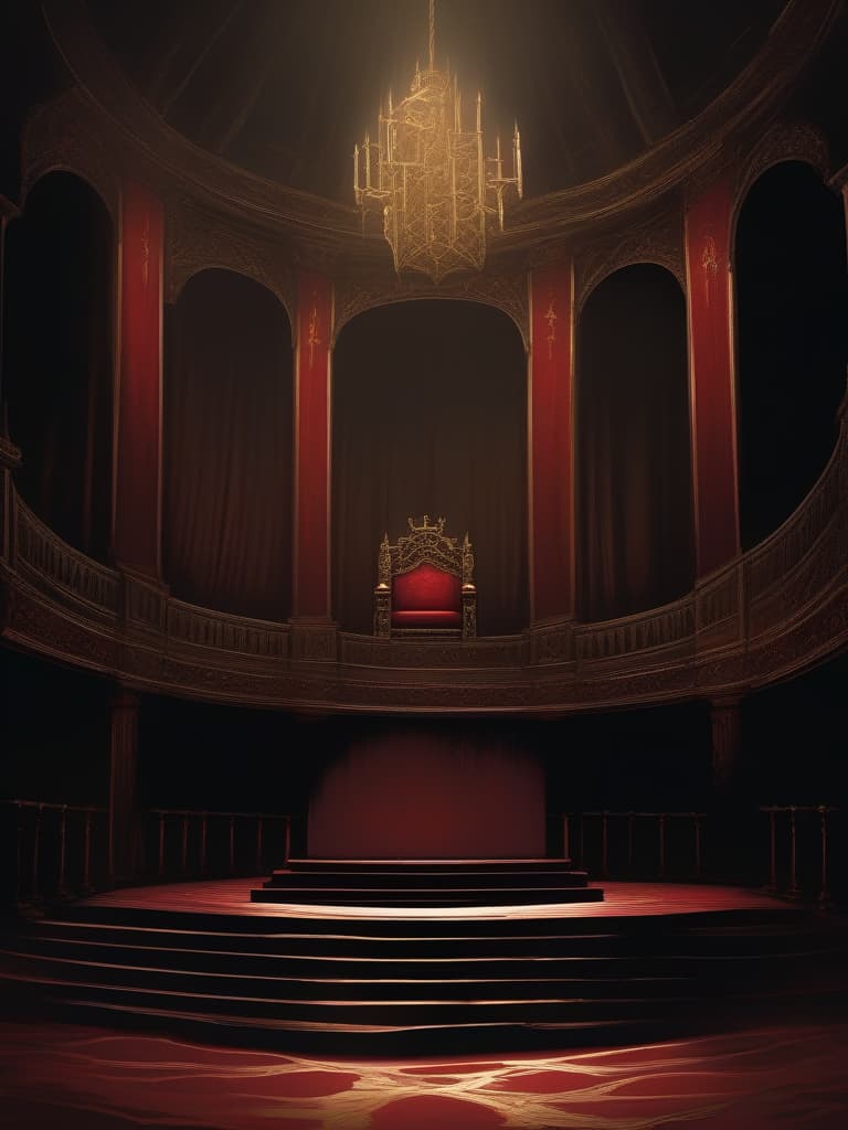  an audience chamber shrouded in pitch black darkness,a throne on the platform in crimson with gold ornamental borders,a brave man's sword piercing the throne,dark crimson curtains bordering the throne,an empty space,a space closed off by darkness,