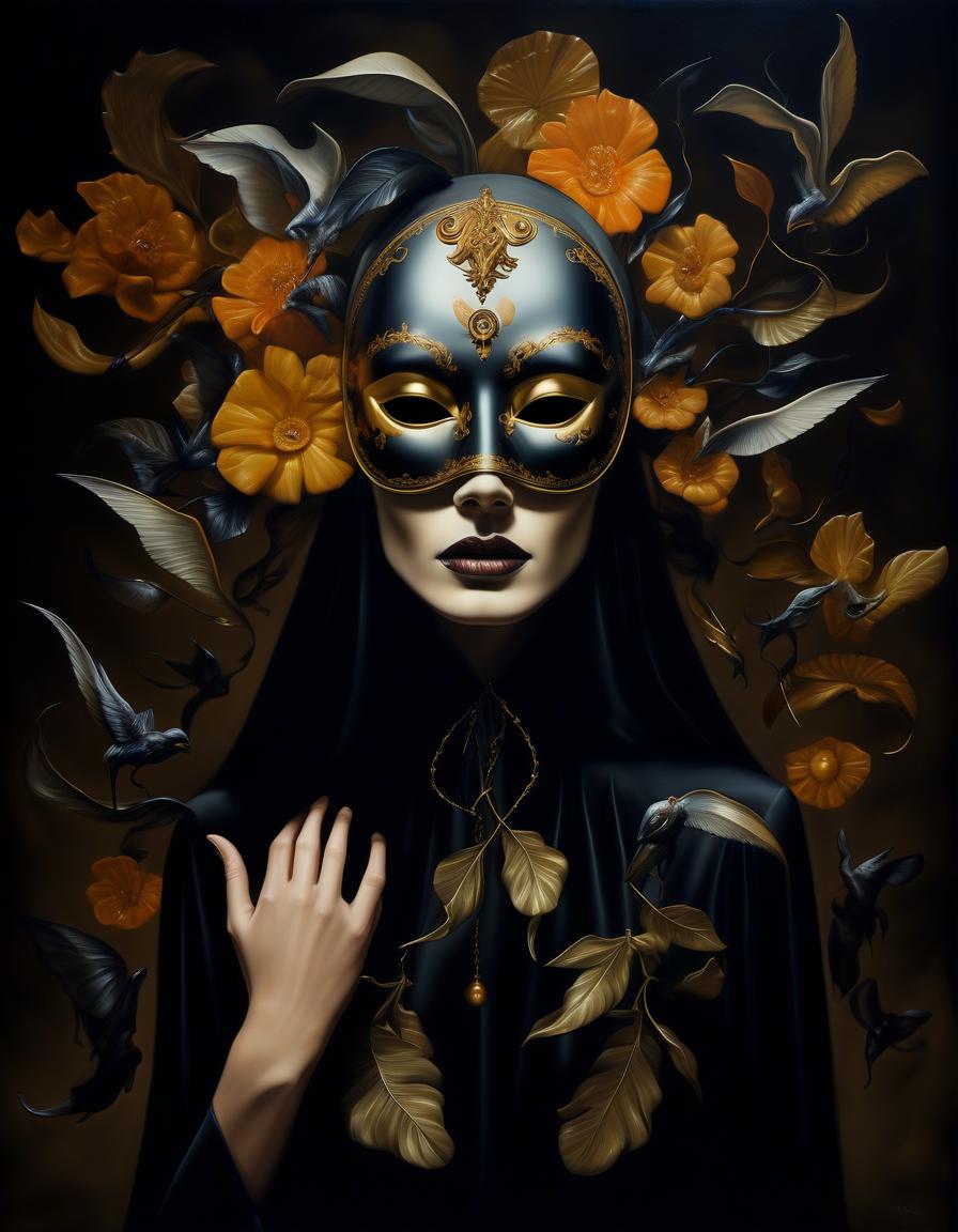  (masterpiece:1 8, oil painting:1.5).(surrealism inspired by hedy xandt:1.4), which depicts a woman wearing a mysterious mask, symbolizing the merging of life and death. this fantasy work of art combines fantasy elements, dramatic lighting and a mystical atmosphere where reality and the supernatural intertwine. surrealism and dark fantasy. in style aфnato finnstark.