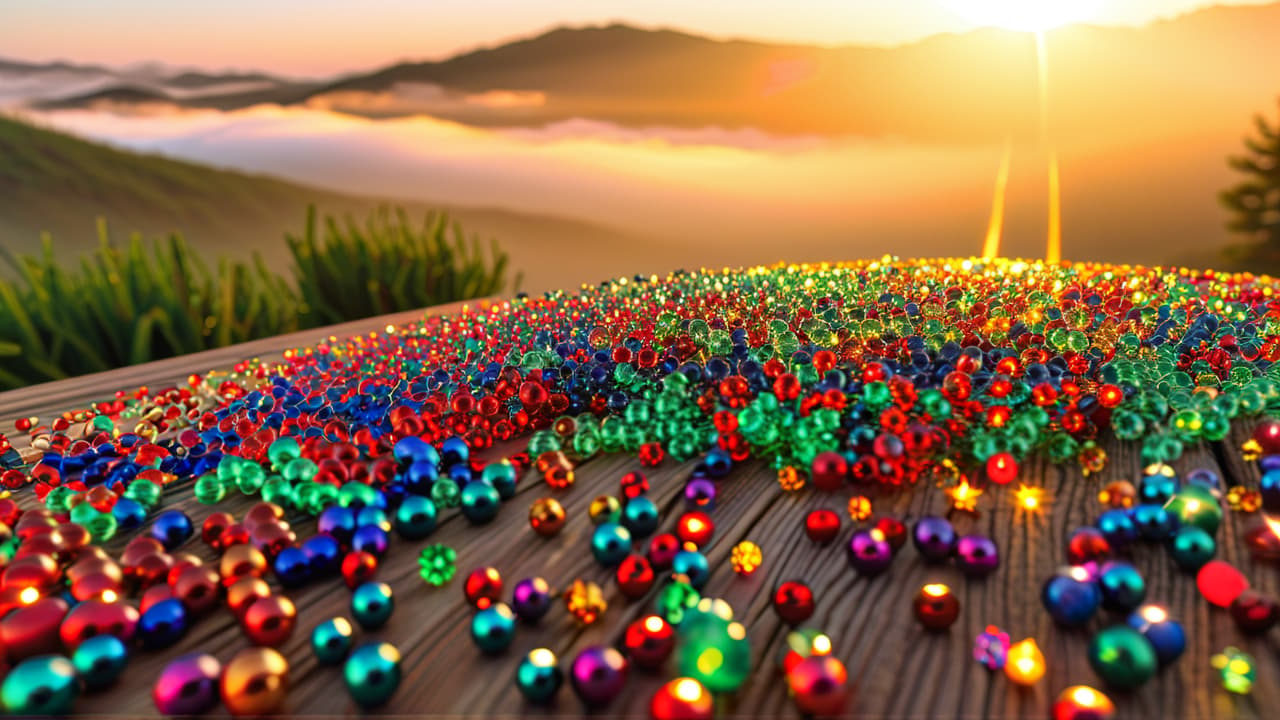  an array of vibrant, intricate beadwork pieces displayed on a textured wooden surface, showcasing diverse patterns and colors, with soft natural light highlighting the glossy beads and the artistry of craftsmanship. hyperrealistic, full body, detailed clothing, highly detailed, cinematic lighting, stunningly beautiful, intricate, sharp focus, f/1. 8, 85mm, (centered image composition), (professionally color graded), ((bright soft diffused light)), volumetric fog, trending on instagram, trending on tumblr, HDR 4K, 8K