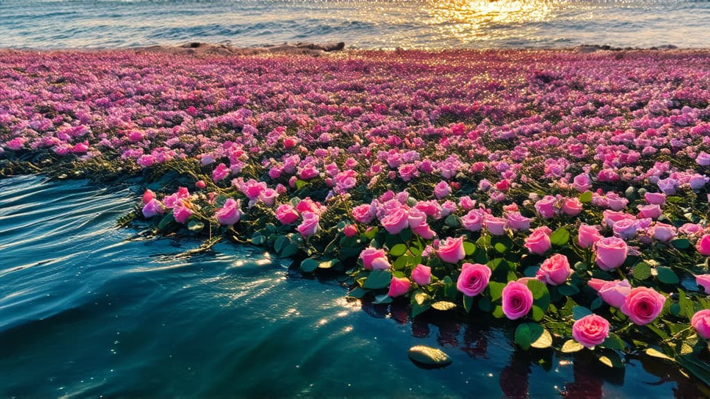  the foamy sea waves lash the beach with an endless number of pink roses, which shimmer with golden light in the rays of the setting sun. the flowers have long leaves and bright colors. they lie gently in the water and exude romantic beauty. this scene creates a mysterious atmosphere, it radiates warm colors, creating a magnificent landscape. the aerial photography technique captures every detail of these beautiful colors, in a style of mesmerizing romance. ar 16:9 {prompt}, maximum details