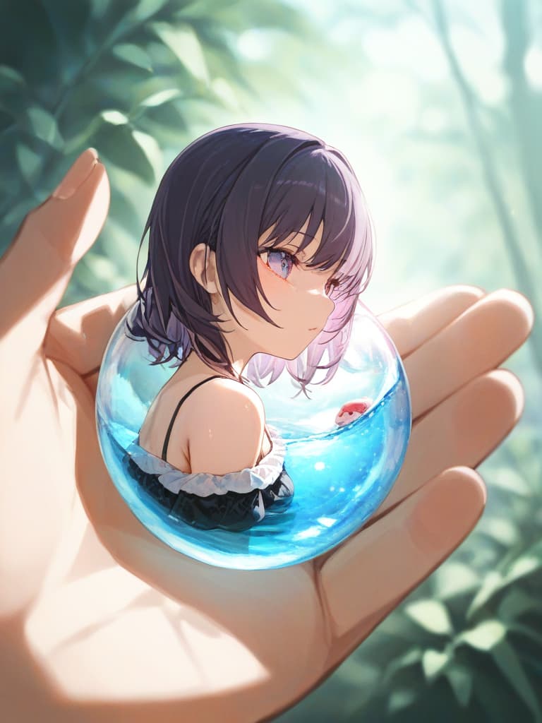  masterpiece,small cute fairy,wings on her back,wearing pale light particles,translucent,in the palm of her hand,森の中,high quality,super resolution,super detailed,8k