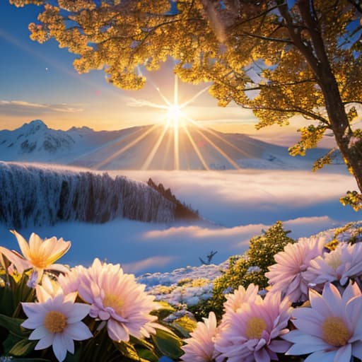  RAW Photography,Snow capped mountains, flowers and moos, sunrise, sunrays, white clouds,lens flare, low wide angle,, (sharpness in detail:1.1), Canon EOS 5D Mark IV, masterpiece, 35mm photograph, (iconic photograph:1.4), (visual storytelling:1.2), film grain, award winning photography,vibrant use of light and shadow, vivid colors,high quality textures of materials, volumetric textures perfect composition, dynamic play of light, rich colors, epic shot, perfectly quality, natural textures,high detail, high sharpness, high clarity, detailed ,photoshadow, intricate details, 8k hyperrealistic, full body, detailed clothing, highly detailed, cinematic lighting, stunningly beautiful, intricate, sharp focus, f/1. 8, 85mm, (centered image composition), (professionally color graded), ((bright soft diffused light)), volumetric fog, trending on instagram, trending on tumblr, HDR 4K, 8K