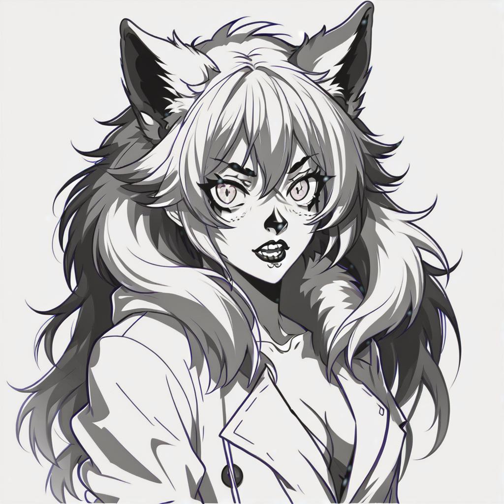  line art drawing werewolf girl, same nightmare. anime style . professional, sleek, modern, minimalist, graphic, line art, vector graphics