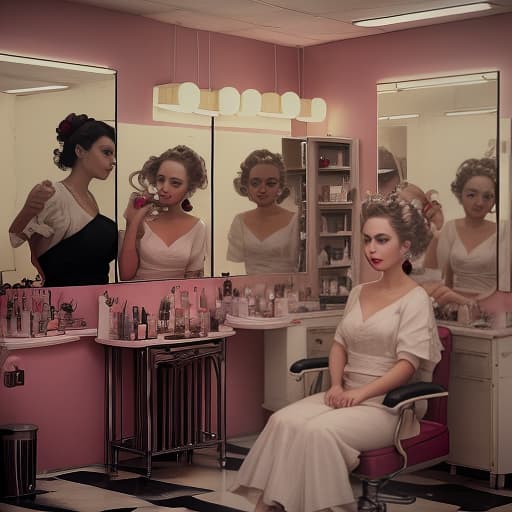  the girl sits in a beauty salon, several masters do her makeup, hair, manicure and pedicure at the same time, faded , vintage , nostalgic , by jose villa , elizabeth messina , ryan brenizer , jonas peterson , jasmine star