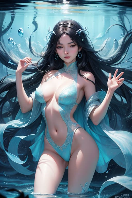  image portrays a surreal underwater scene featuring a young woman with long black hair, her eyes closed, and a calm expression on her face. she appears to be entwined with the tentacles of an octopus, creating a dreamlike and almost otherworldly atmosphere. the lighting casts soft, shimmering patterns on her skin and the surrounding water, enhancing the ethereal quality of the image. the word \"dream\" is prominently displayed at the bottom, along with the logo \"wish craft.\" the image evokes a sense of fantasy, blending elements of beauty and the mysterious depths of the ocean. , advertising photo,high quality, good proportion, masterpiece , the image is captured with an 8k camera