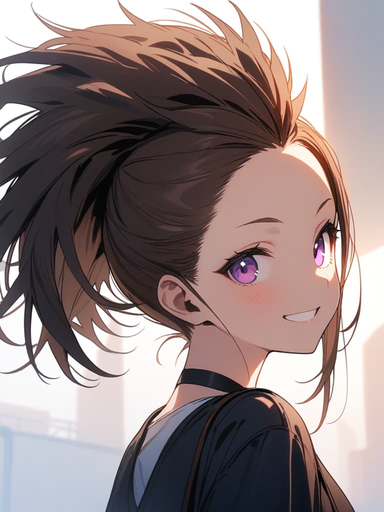  ultra detailed:1.2,masterpiece:1.2,best quality,masterpiece,bestquality,hdr:1.1,8k:1.1,very cute girl:1.3,((from front,looking at viewer:1.3)),((brown hair,mohawk:1.6)),(reverse hair:1.7),((spike hair:1.7))(smile:1.3),(upper body:1.4),(purple eye:1.4),(white background color:1.4)