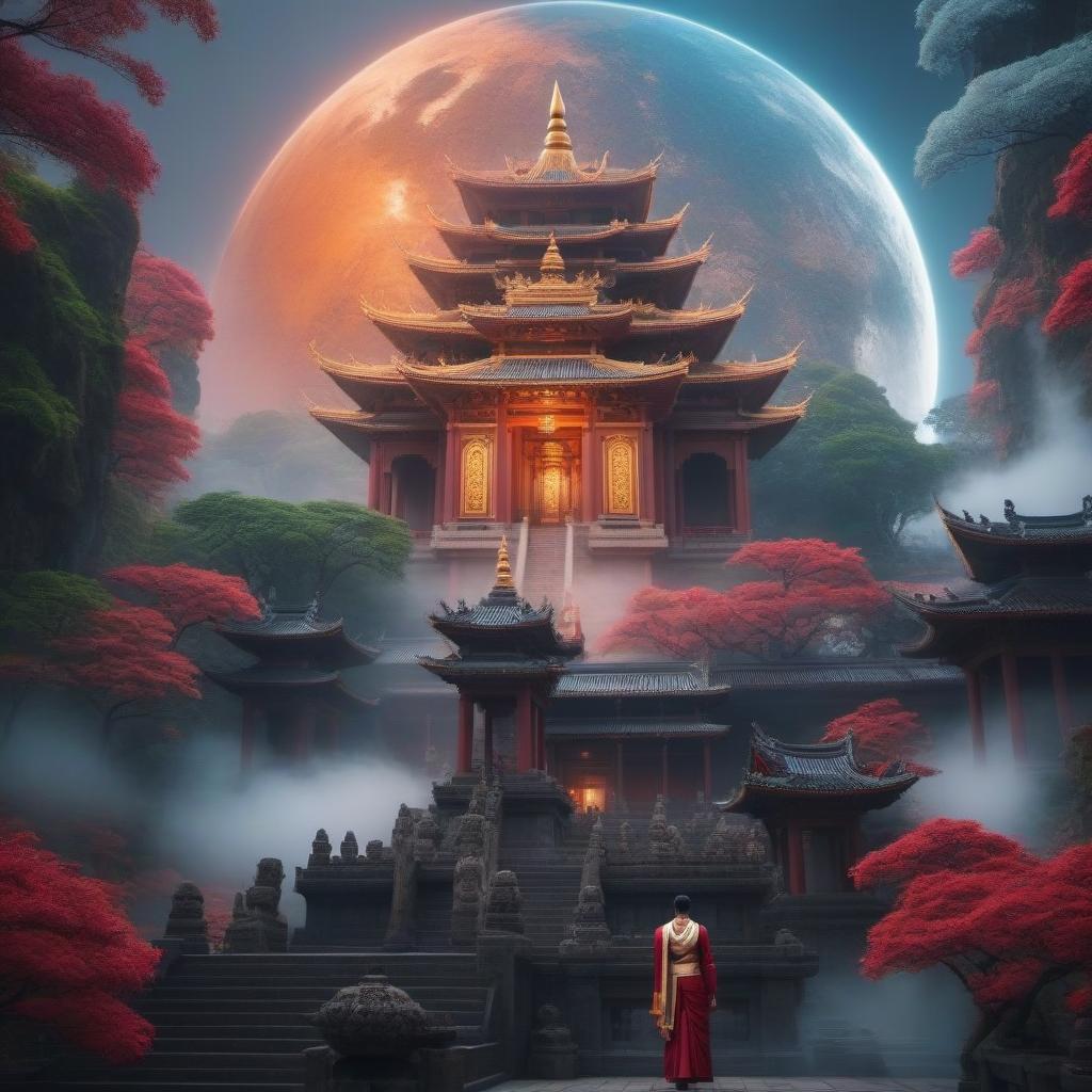  A luxurious temple hyperrealistic, full body, detailed clothing, highly detailed, cinematic lighting, stunningly beautiful, intricate, sharp focus, f/1. 8, 85mm, (centered image composition), (professionally color graded), ((bright soft diffused light)), volumetric fog, trending on instagram, trending on tumblr, HDR 4K, 8K