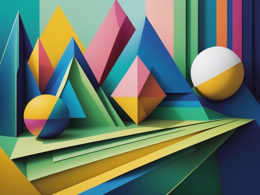  modern, abstract art piece featuring a combination of vertical lines and geometric shapes. the layout includes a series of vertical, multicolored lines that create a sense of depth and texture. the background consists of a gradient of green and yellow hues, resembling a field, with white spherical shapes distributed throughout, adding a three dimensional effect. in the foreground, there are pink and blue triangular forms that appear to be rising from the bottom, contributing to the layered composition. the overall style is contemporary and visually dynamic, with a focus on color contrast and spatial arrangement.