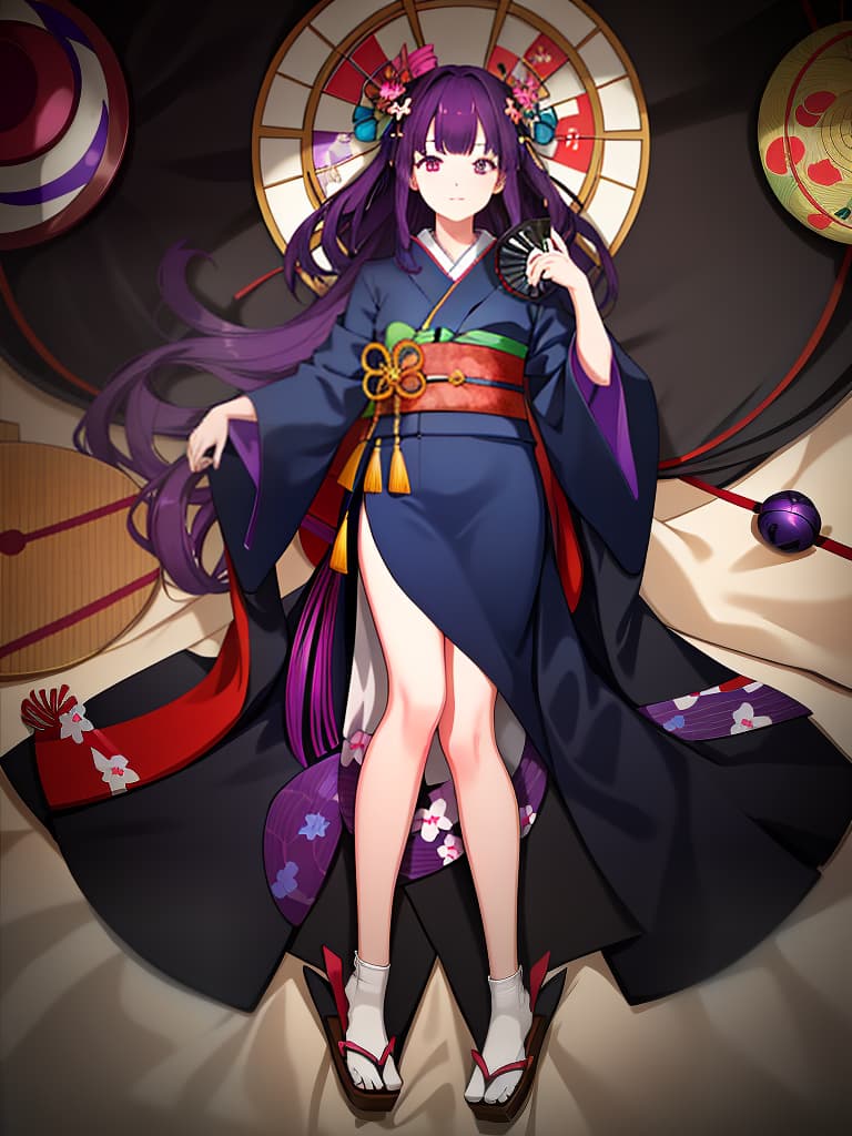  the whole body, clogs, women, kimono, sex appeal, with a closed fan, dark purple hair, whole body, masterpiece, best quality,8k,ultra detailed,high resolution,an extremely delicate and beautiful,hyper detail