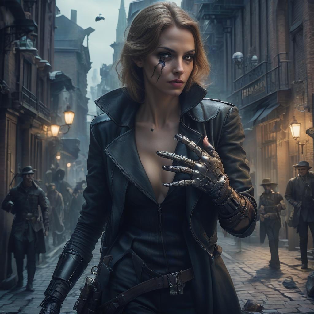  fantasy, woman, robber, prosthetic hand, city