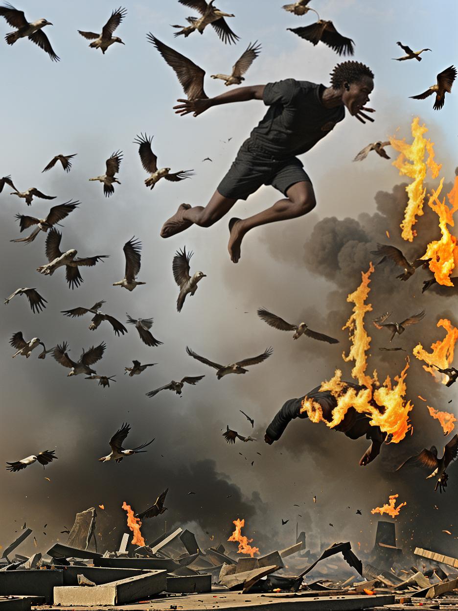  captivating african american leaping over debris being chased by a flock of fiery birds