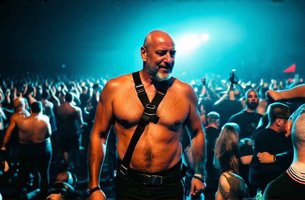  professional detailed photography, a bare chested grandfather in a harness at a rave ar 3:2, (muted colors, dim colors, soothing tones), (vsco:0.3)