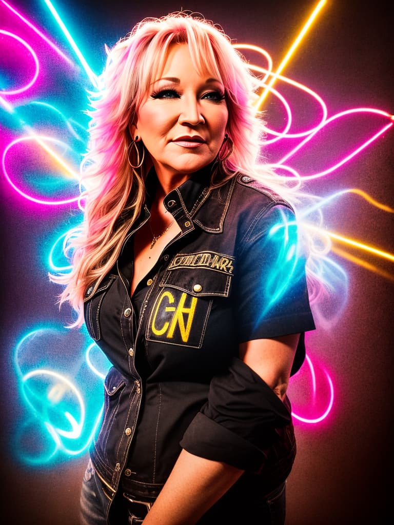  The country singer Tanya Tucker, medium shot, upper body, spotlight, long exposure lighting, street art style spray paint, glamour lighting