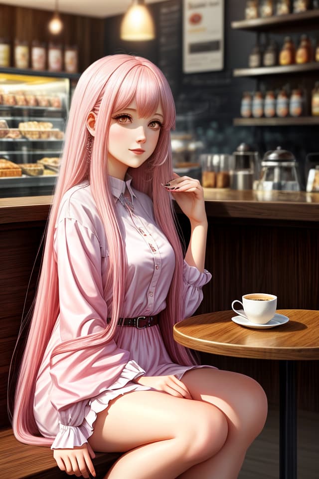  : long pale pink hair, bangs.asian eyes. sitting in a caffe shop, cyril rolando, hq, hightly detailed, 4k