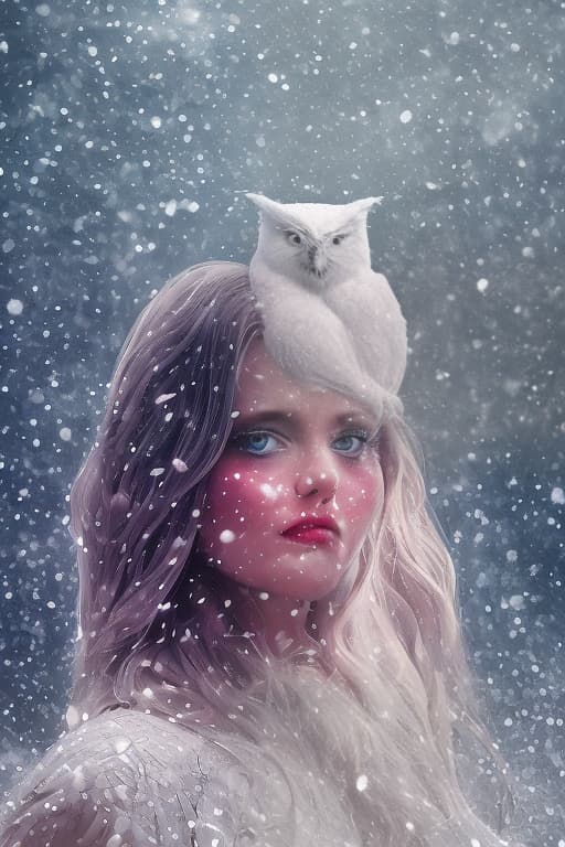 dvarchmodern very beautiful girl and white owl, huge eyes, plump lips, transparent outfit of scales, flowers, feathers of mysticism, fantasy, fabulous forest, soft light, glitter, beautiful, 5d, realistic, 128k, high resolution, high detail, hyperrealism, 300dpi, highly detailed digital painting, gothic art, horror realistic, f/19, 1/400s, muted lighting, sparkling snow, psychedelic, hyperrealistic