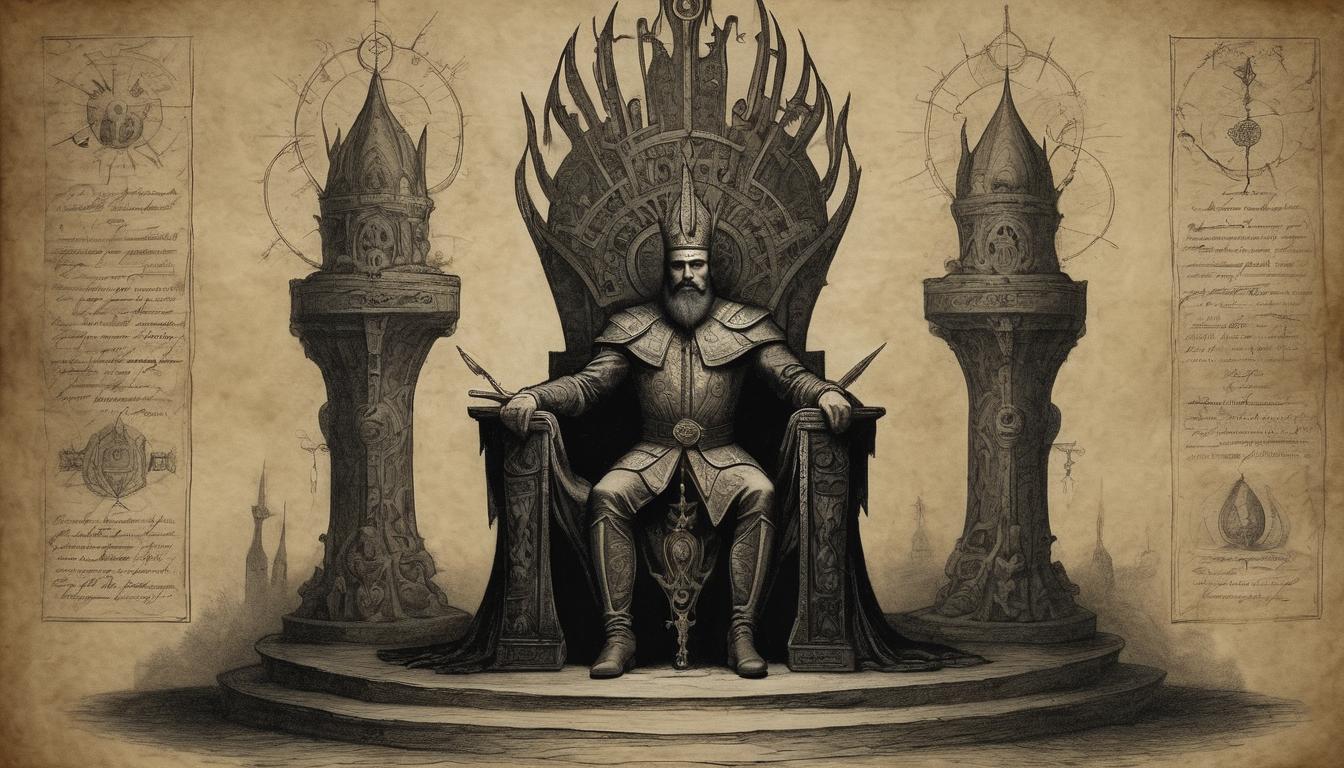  on parchment, surrealism++, regal throne with glowing symbols, juxtaposed with shadowy figure standing adjacent, indication of power, authority and its shifts, dark ambience(mysterious, provocative, symbolic)++