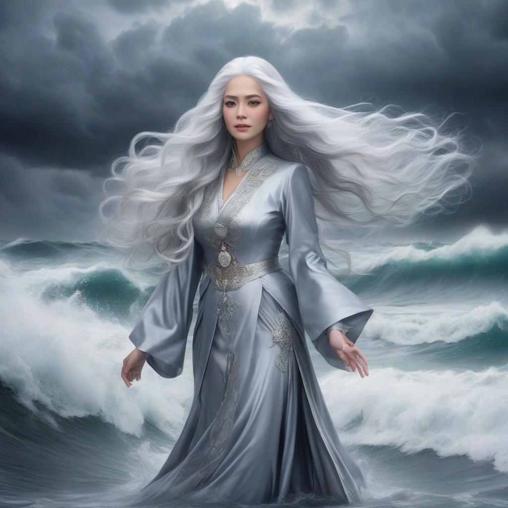  a picture of a princess with long silvery gray hair in luxurious traditional clothes. she radiates wisdom and strength, standing in the divine water against the background of bubbling waves and stormy skies.