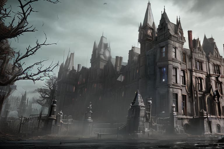 redshift style Arkham Asylum* Create a street view image of Arkham Asylum's entrance, showcasing its imposing gothic architecture, iron gates, and eerie atmosphere.