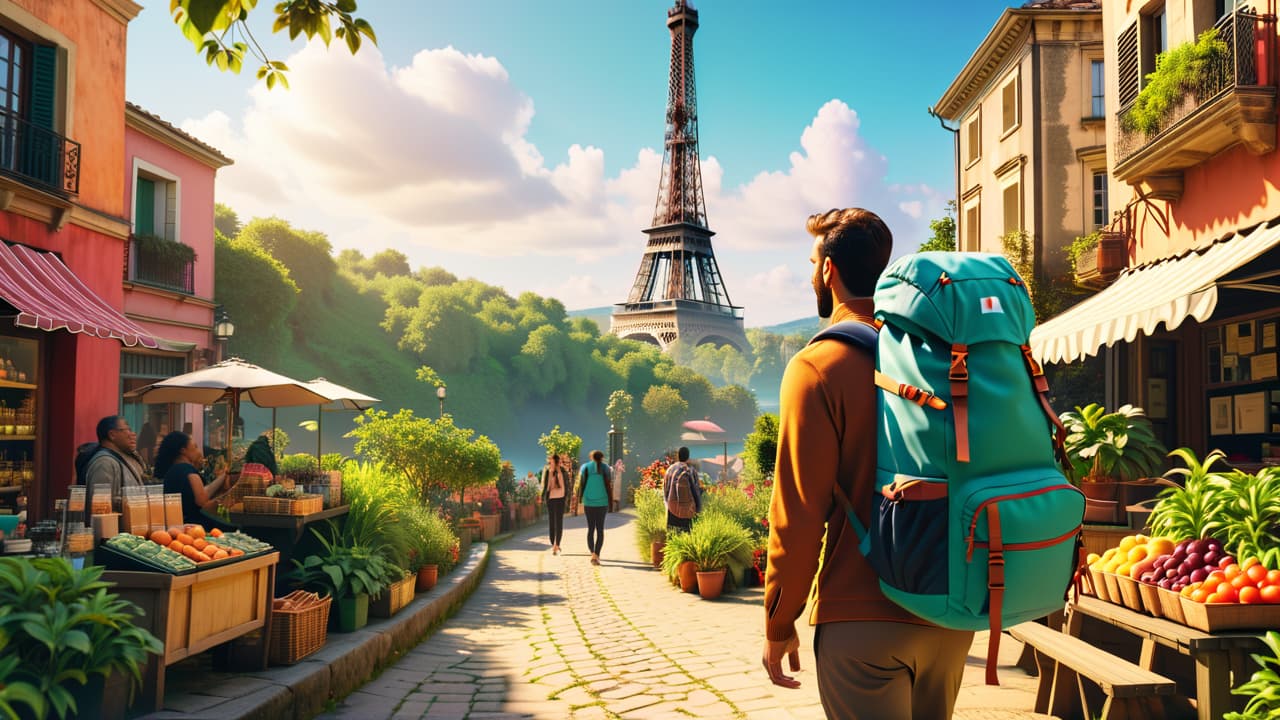  a vibrant scene of diverse backpackers exploring a lush mountain trail, with iconic landmarks like the eiffel tower in the background, colorful street markets, and serene beaches, showcasing various global destinations. hyperrealistic, full body, detailed clothing, highly detailed, cinematic lighting, stunningly beautiful, intricate, sharp focus, f/1. 8, 85mm, (centered image composition), (professionally color graded), ((bright soft diffused light)), volumetric fog, trending on instagram, trending on tumblr, HDR 4K, 8K