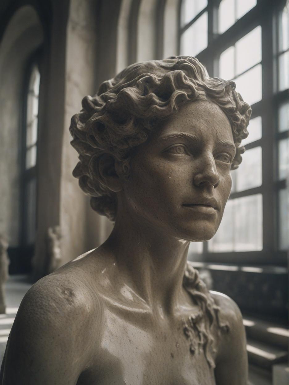  the image is a blurry and grainy analog film still captured using an extreme close up technique. the photograph was taken using a 18mm wide angle lens with a wide aperture f stop of 1.8. of a translucent marble statue of a healthy athletic 3 old jewish woman with short curly damp hair with wavy patterns, with large heavy natural s, teardrop , with a faded tattoo visible on her shoulder, in a futuristic sunlit laboratory ed in light, huge windows with skyscrs visible outside, chaise longue leather couch, moist hardwood floors, a large exotic oriental carpet visible on the floor, oil particles in the air, dust glittering in the air, harsh bright lighting, early morning sunshine rays streaming in t