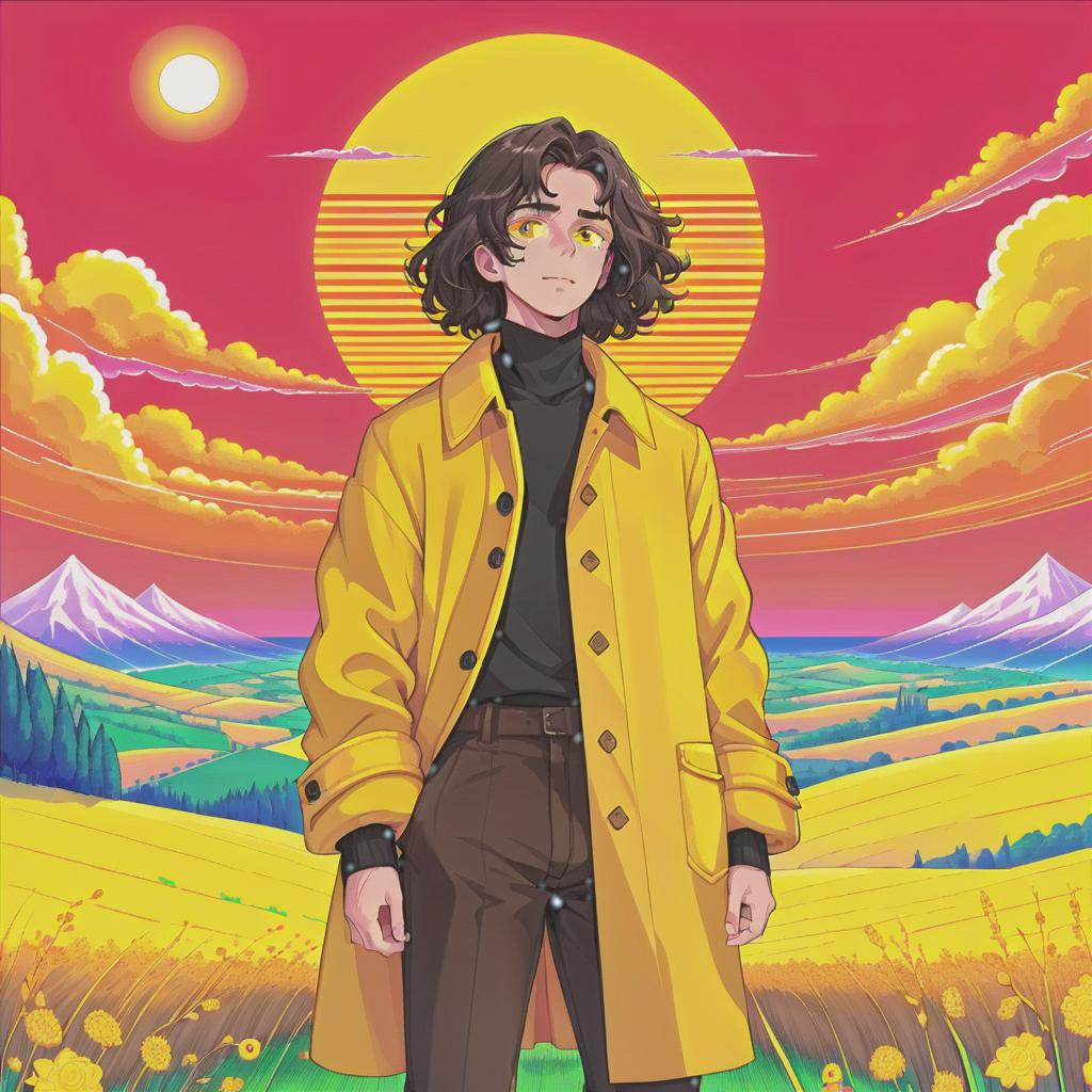  vaporwave style a young man stands in an endless field. he has long dark brown hair that gently falls on his shoulders, and his face, with jewish and slavic features, exudes calmness, and brown eyes with circles beneath them. he is dressed in a bright yellow coat that immediately attracts attention and contrasts with the surrounding landscape. under the coat is a black shirt, and black pants are additionally decorated with yellow elements, creating a harmonious and stylish image. the sun sets over the horizon, shrouding everything around in warm, red shades, and bright red stripes along with soft light gently touch his face, emphasizing his features and creating a magical atmosphere. this moment stops in time, capturing the beauty of nature