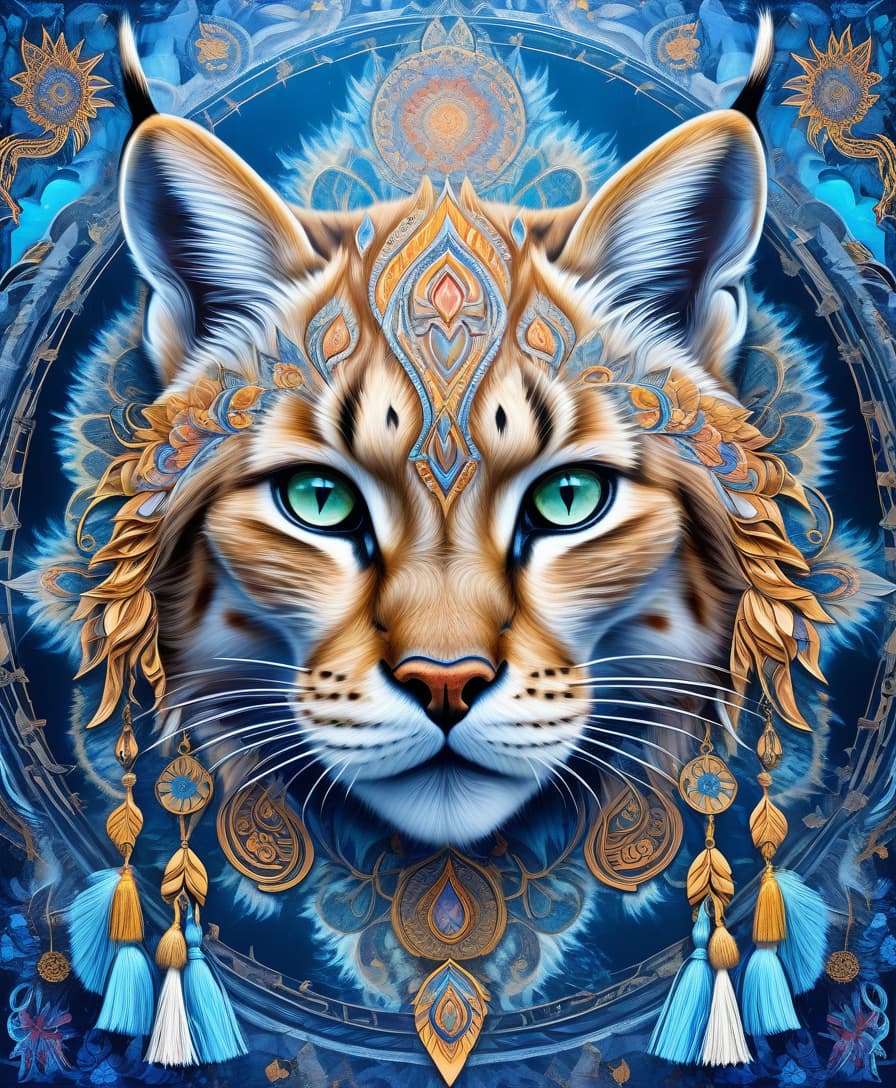  abstract expressionist painting masterpiece, hdr 8k, digital image. conceptual art. (siberian lynx, majestic wildcat, powerful paws, flexible strong body, piercing feline eyes, sharp fangs, tassels on the ears, appearing in ancient russian ethnic ornaments that make up a symmetrical mandala consisting of an endless forest, a wide flowing river and majestic mountains, the mandala is decorated with a fantastic ice pattern). abstract elements: stones, tree leaves, flowers. the effect of dissolving the natural shades of fur in sky waves. filigree finishes, mysterious neon glowing accents, intricate. stylization. neo rococo style. stylish, dynamic, atmospheric. background dissolving abstract patterns in the space:: vignetting:: complex ethnic 