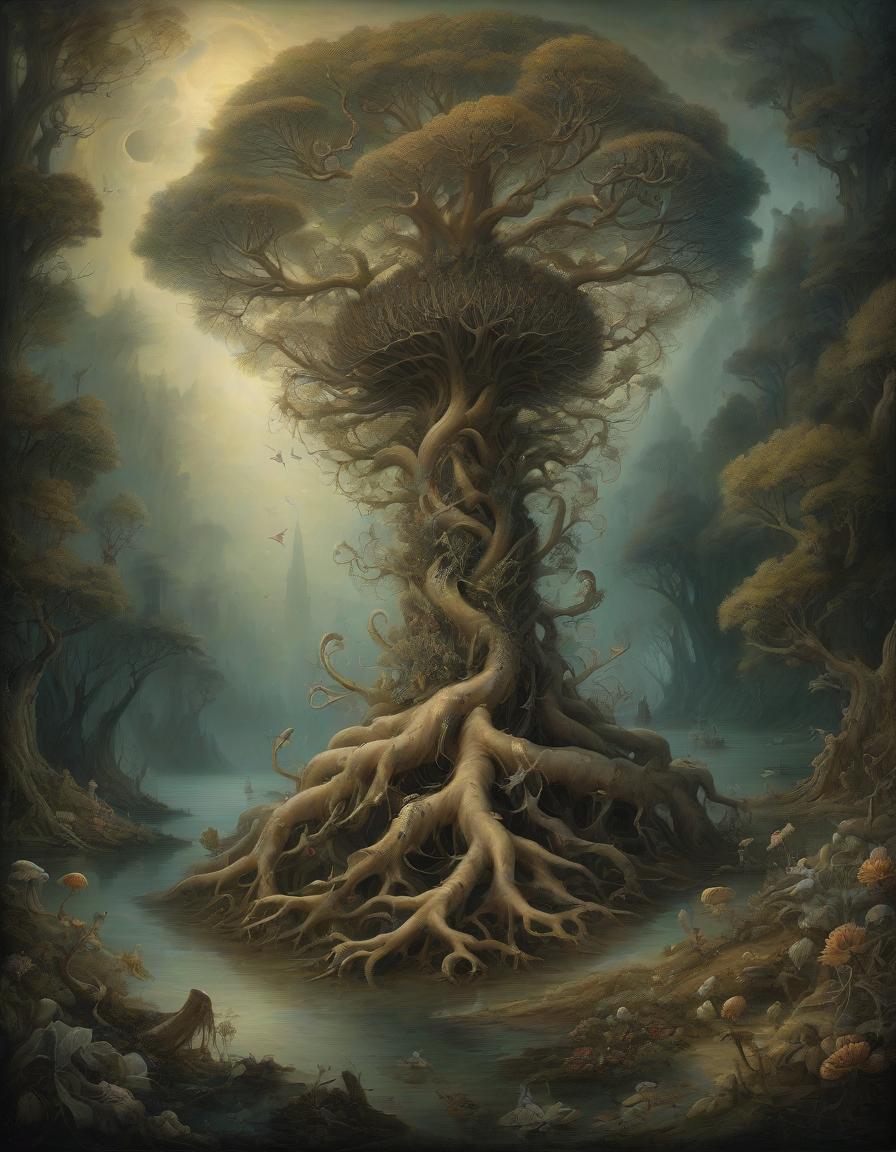  nautical themed a mesmerizing surreal painting featuring an otherworldly twisted artichoke tree with gnarled roots, standing tall amidst a dense, vibrant forest. the tree is adorned with large, ethereal artichokes that emit an eerie, otherworldly glow, reminiscent of hieronymus bosch's surreal work. the branches stretch towards the sky, illuminated by a phantasmagoric, ethereal light, while the tree's foliage is inhabited by mysterious and fantastical creatures. this enchanting and enigmatic scene captures the viewer's imagination, transporting them into a world of wonder and mystery. . sea, ocean, ships, maritime, beach, marine life, highly detailed