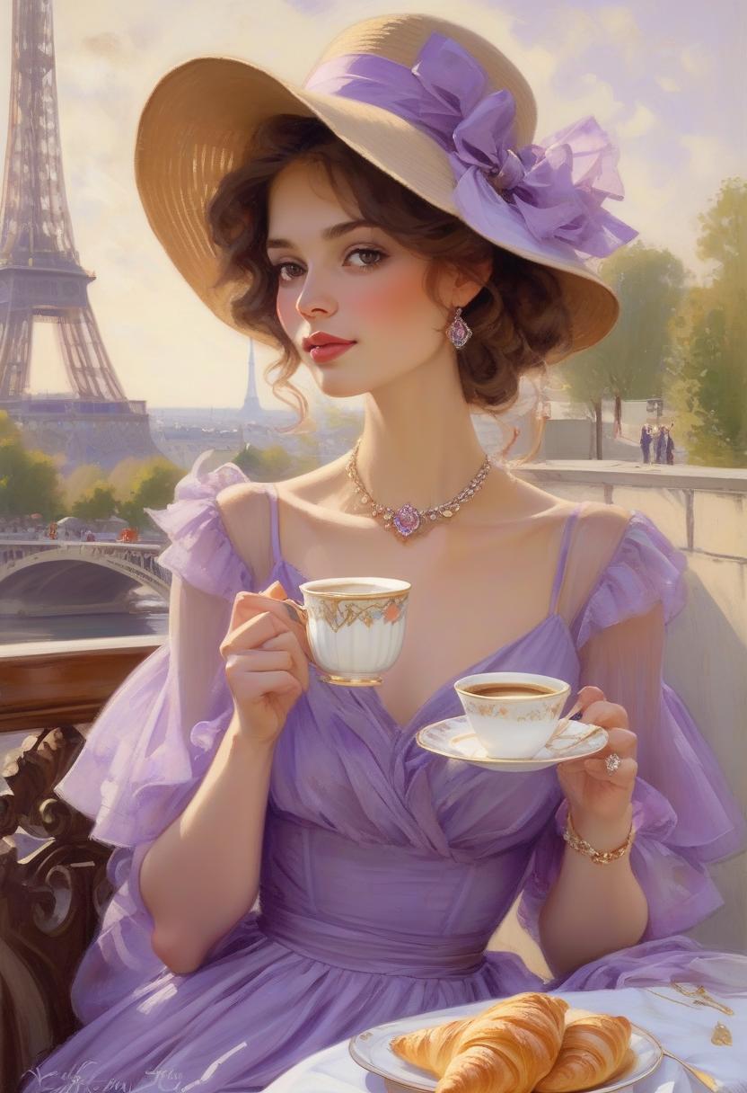  an elegant woman in a dress and hat in montmartai drinks coffee and eats croissants. paris, the eiffel tower. charming, tender, long brown hair, brown eyes, chiffon porf around the neck, light tender purple dress, artist konstantin razumov, shabby chic, fine art, klimt and mucha, artist serzh marshennikov