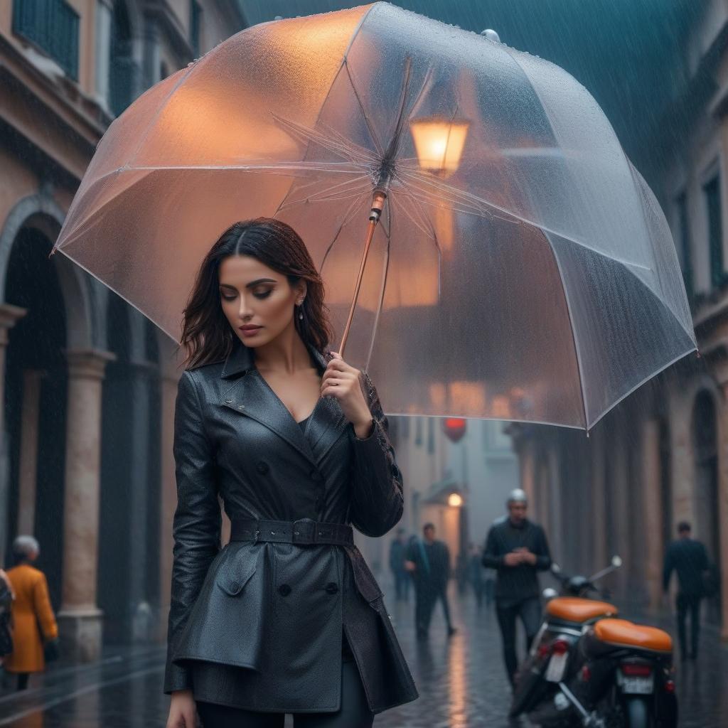  Rain in Rome hyperrealistic, full body, detailed clothing, highly detailed, cinematic lighting, stunningly beautiful, intricate, sharp focus, f/1. 8, 85mm, (centered image composition), (professionally color graded), ((bright soft diffused light)), volumetric fog, trending on instagram, trending on tumblr, HDR 4K, 8K