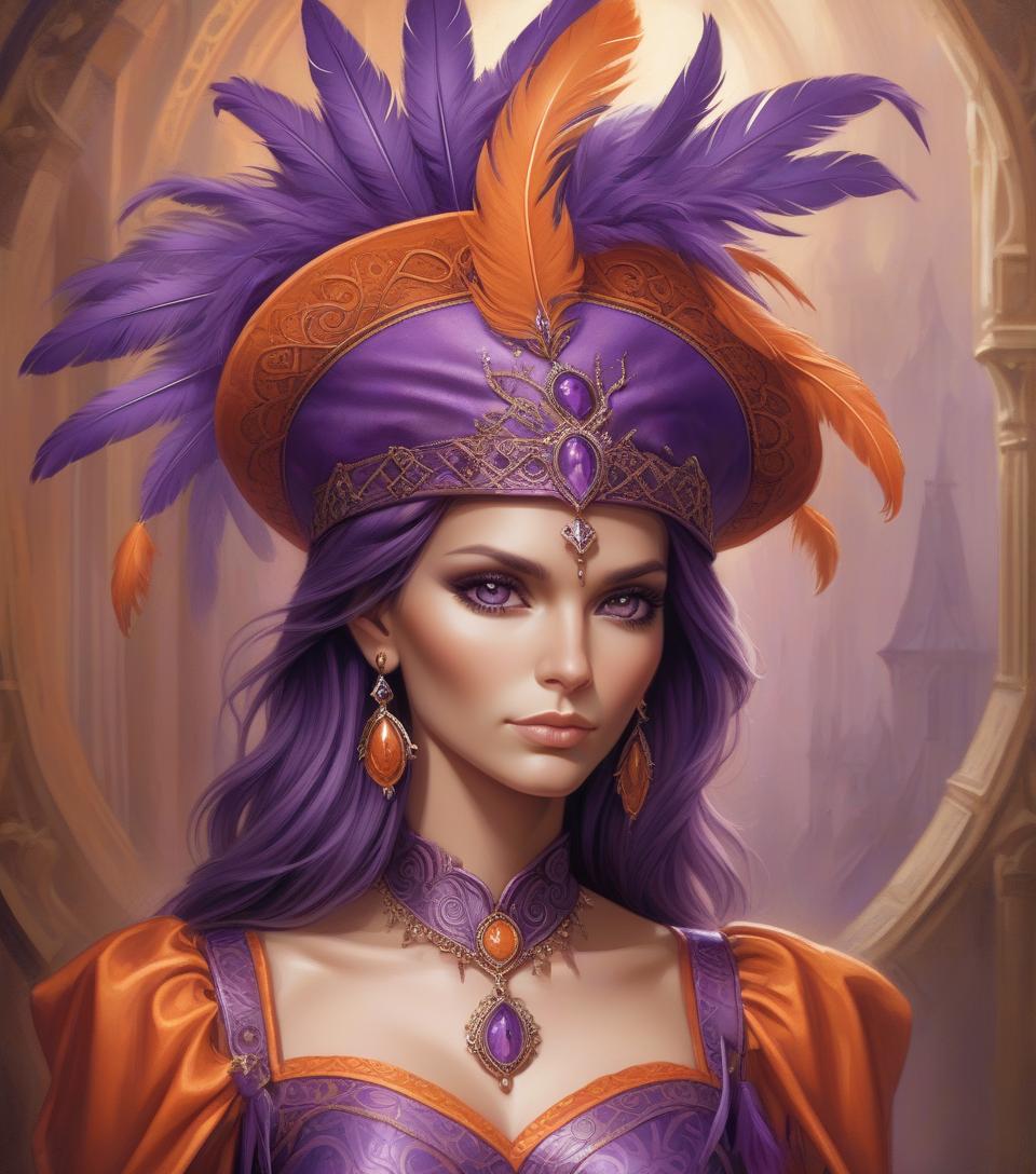  a woman wearing a purple and orange hat and dress with feathers on it's head and a purple dress with orange trim, anne stokes, fantasy art, orange, a detailed painting