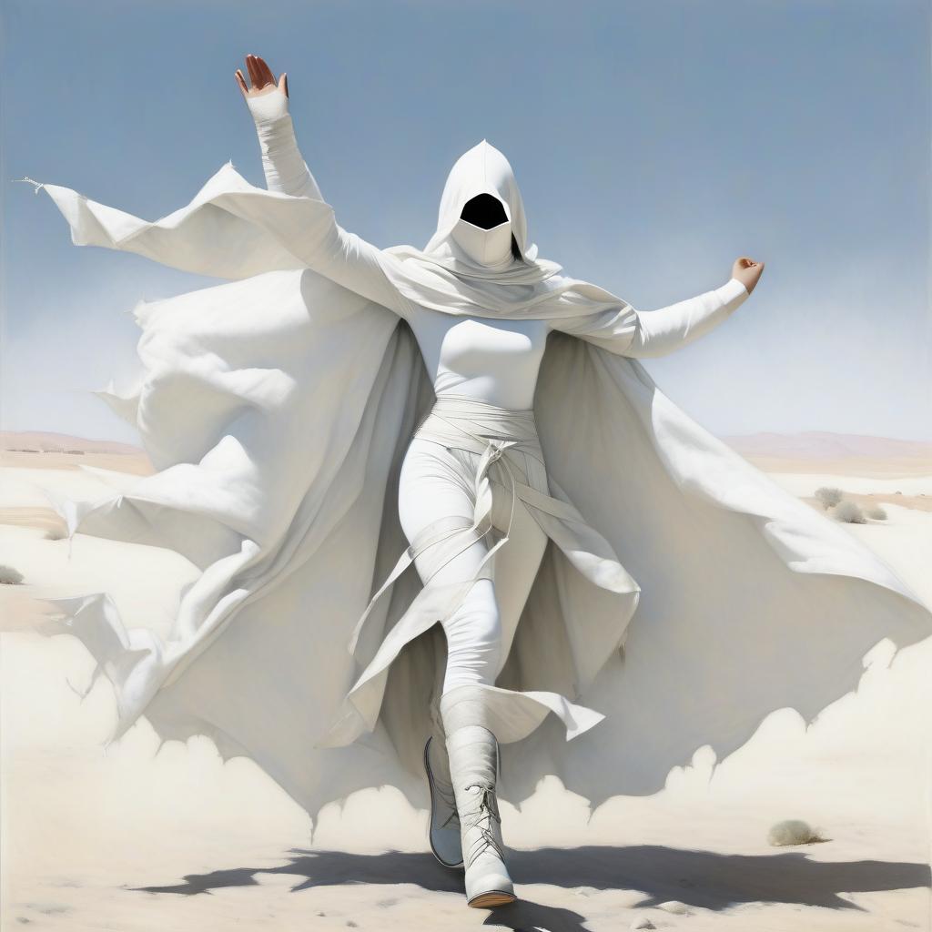  a very thin girl with skinny hips, with a black spot instead of a face, with a white scarf on the lower part of her face, in a white suit of white bandages, in white sleeves, in white gloves with natural fingers, in a white ragged cloak, with large round holes throughout the area of the cloak, in laced grey shoes. hands up. a pointed hood. large square silver buckles. three wide belts on the belt. gray laced shoes.