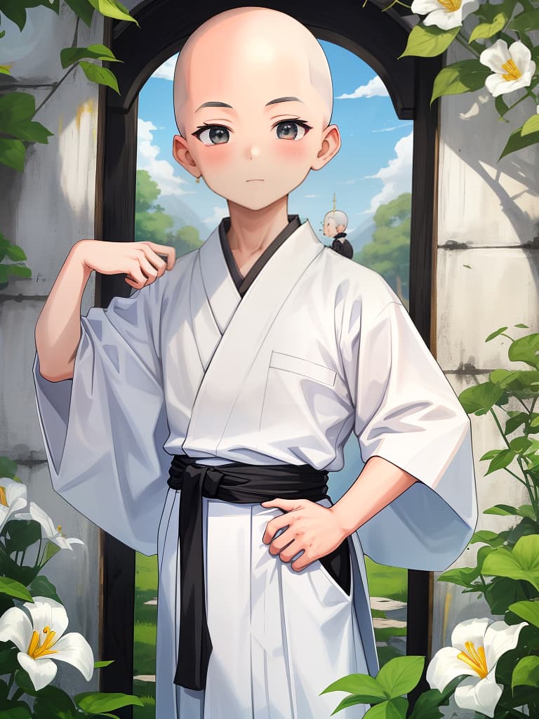  masterpiece、cute monk boy,small boy,skinhead,(white kimono),((black hakama))、ikkyu,anime,