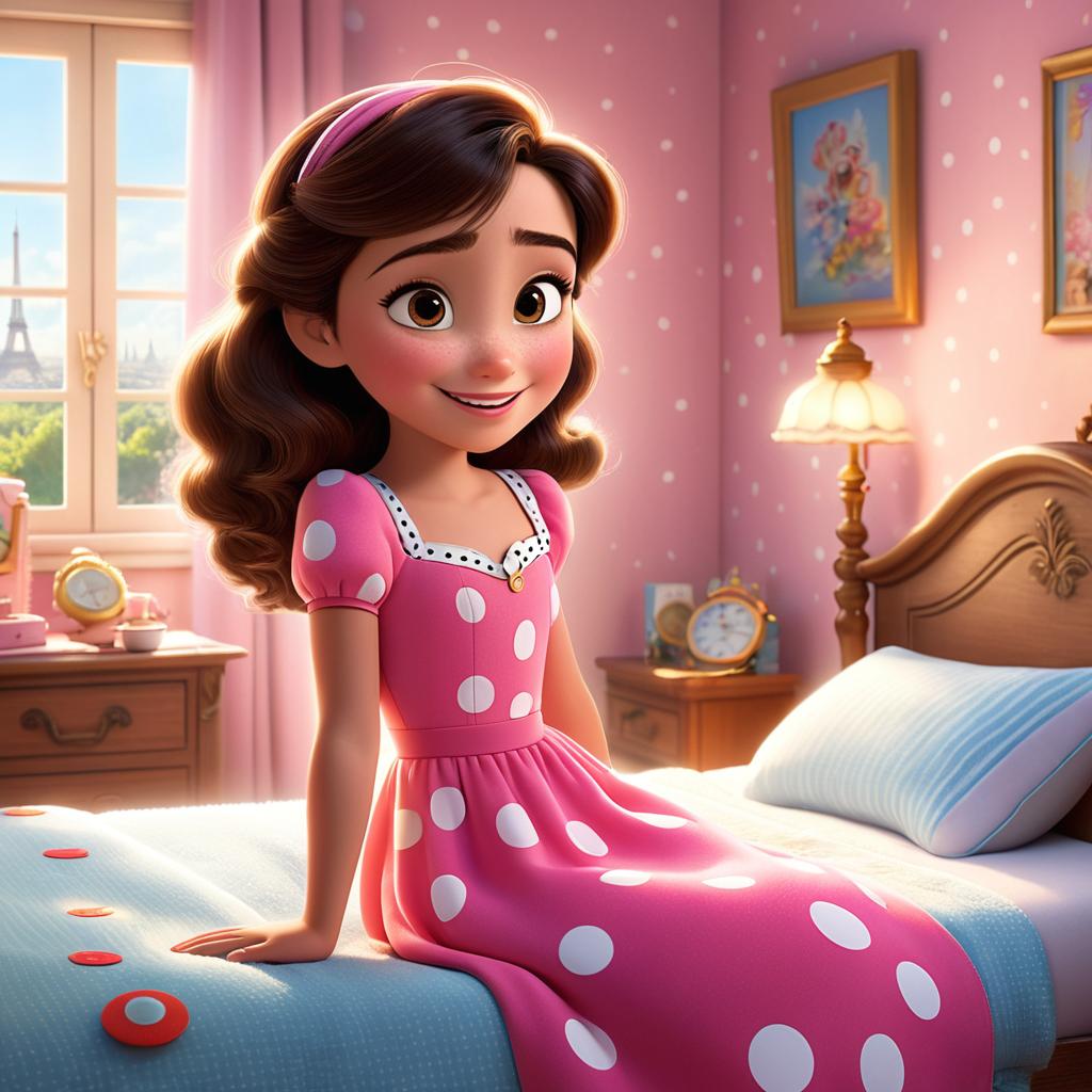  in 3d animated movie style. disney pixar style. paris, with a curious and shy personality, in a pink dress with white polka dots, waking up in cozy bedroom with sunlight streaming in, showcasing excitement for first day at . high resolution pixar 3d animated film style, bright, soft lights highlighting emotions, warm and inviting angle capturing paris's smile as she gets ready for .