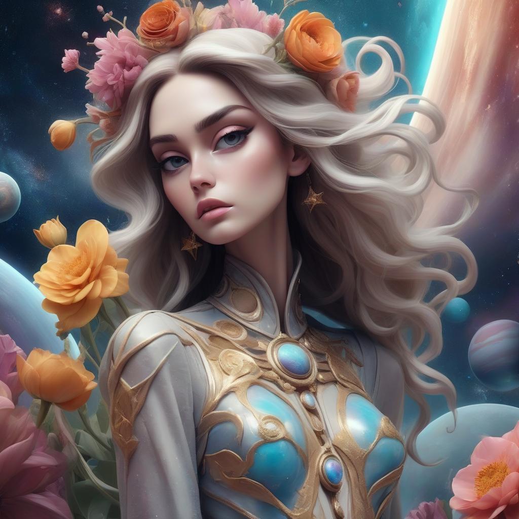  ethereal fantasy concept art of fashion show on the background of a cosmic theme with flowers planets stars galaxy and universe . magnificent, celestial, ethereal, painterly, epic, majestic, magical, fantasy art, cover art, dreamy