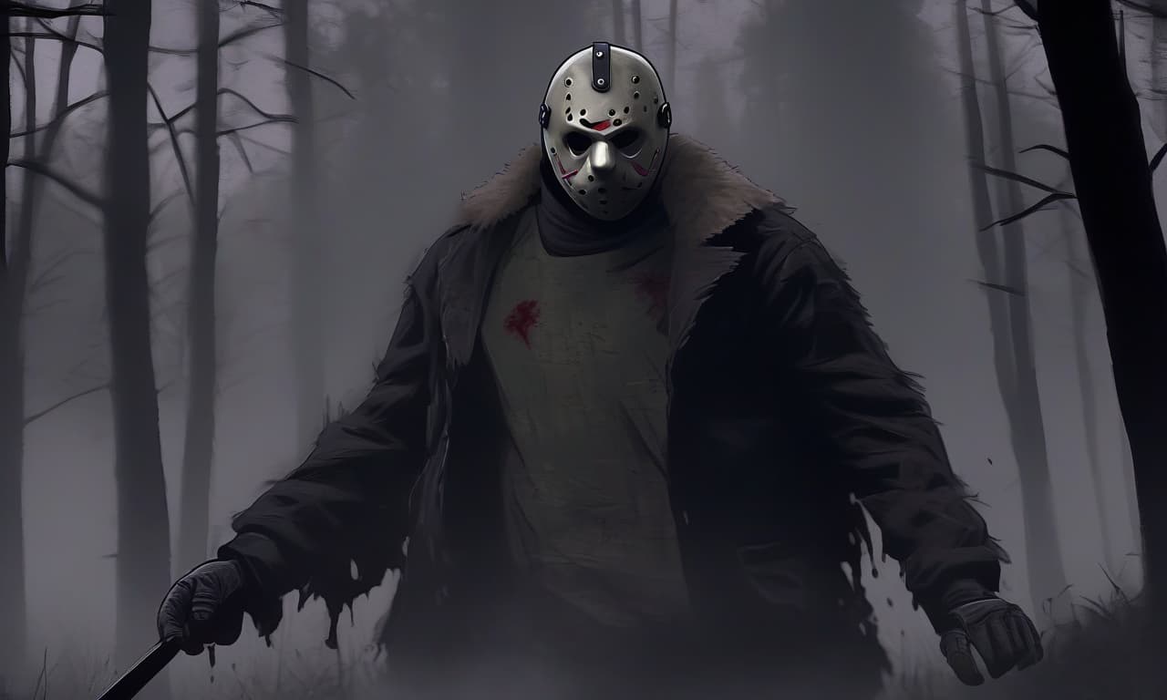  horror themed jason voorhees stands at full height on the grass. a sturdy figure. dressed in a black jacket and black pants. in his hand machete, on his face canonical mask. the background is a dense forest in the fog . eerie, unsettling, dark, spooky, suspenseful, grim, highly detailed