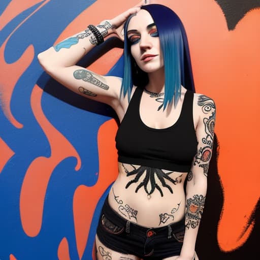  A young Caucasian woman with long, vibrant blue hair and tattoos on her arms, wearing a black tank top against an abstract orange and black background