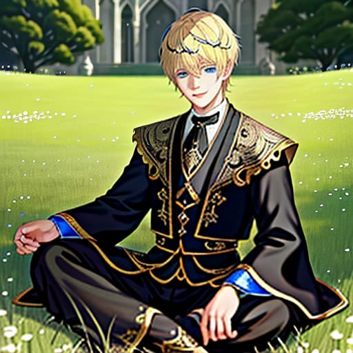  blue eyed god blonde man with short hair in black cloth deity's clothes sits on the grass and smiles, (intricate details:0.9), (hdr, hyperdetailed:1.2)