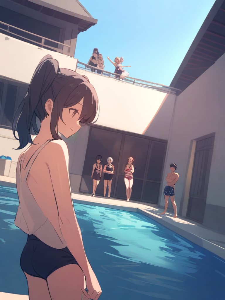  women's elementary students (male), twin tails, cute smiles, (rich s), short stature, dark blue swimwear, old swimwear, swimwear, simple, (upward), upward, (bulge), front, whole body, pool side ,,,