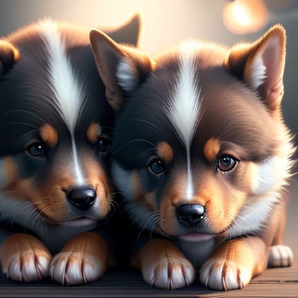  two puppies hyperrealistic, full body, detailed clothing, highly detailed, cinematic lighting, stunningly beautiful, intricate, sharp focus, f/1. 8, 85mm, (centered image composition), (professionally color graded), ((bright soft diffused light)), volumetric fog, trending on instagram, trending on tumblr, HDR 4K, 8K