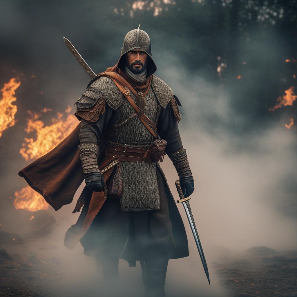  man with sword hyperrealistic, full body, detailed clothing, highly detailed, cinematic lighting, stunningly beautiful, intricate, sharp focus, f/1. 8, 85mm, (centered image composition), (professionally color graded), ((bright soft diffused light)), volumetric fog, trending on instagram, trending on tumblr, HDR 4K, 8K