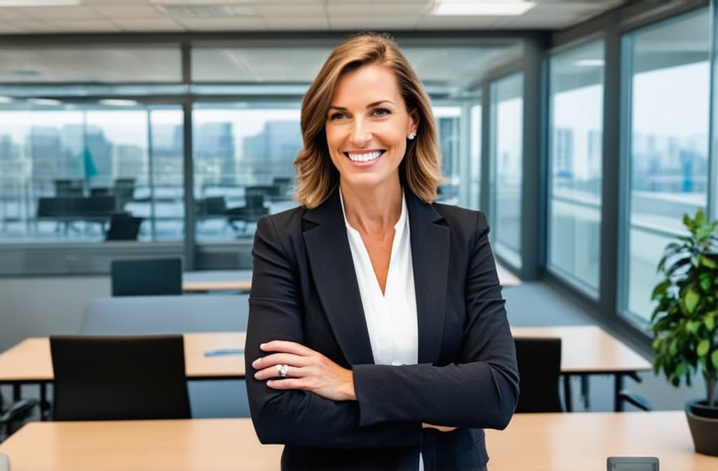  professional detailed photography, portrait of smiling businesswoman standing in open plan office. happy female professional executive manager, financial banking or marketing data. ar 3:2, (muted colors, dim colors, soothing tones), (vsco:0.3)