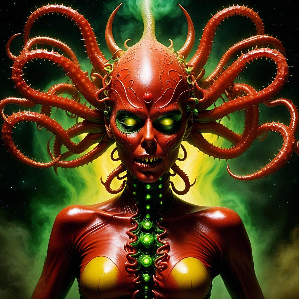  space themed beautiful demoness hellraiser whisperer giger demon looks scary prickly red watch in yellow smoke and green sparks suction wings looks scary prickly red watch in yellow smoke and green sparks suction cups tentacles eyes all lower jaw sting tentacles claws and a terrible moan in red smoke . cosmic, celestial, stars, galaxies, nebulas, planets, science fiction, highly detailed