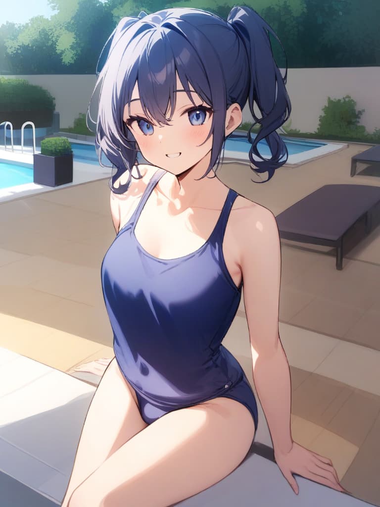  women's elementary students, twin tails, rich smiles, cute smiles, navy blue swimwear, old swimwear, swimwear, simple, male, shaped clear , shaped clear, clear stem, shaped crisp, male bulge,, front. the whole body, pool side,