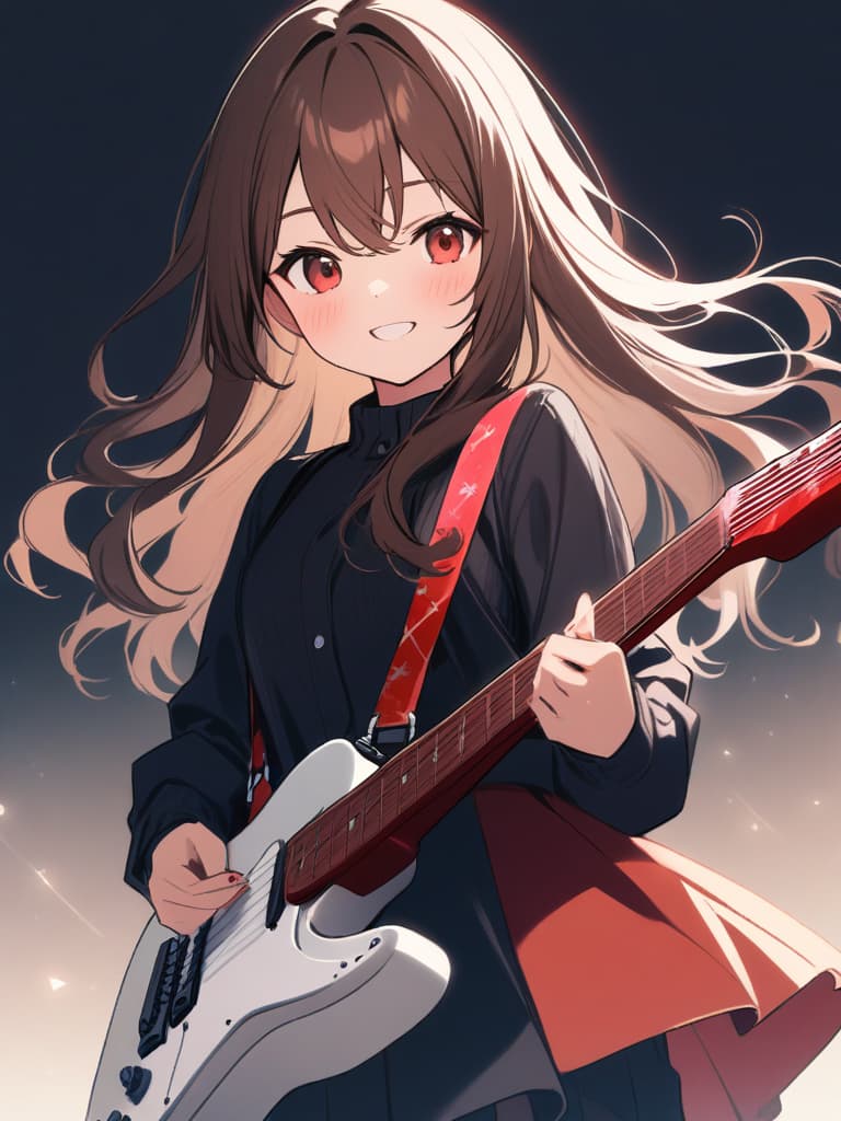  (beautiful girl:1.5)(brown hair:1.5)(long hair:1.7)(wavy hair:1.5)(with a electric guitar:1.7){in orange dress:1.5}(smile){playing guitar happily:1.7} master piece,high quality,16k,super analysis,correct finger position,correctnumber of