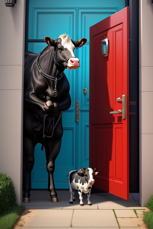  two cows dressed as police at house door , cyril rolando, hq, hightly detailed, 4k